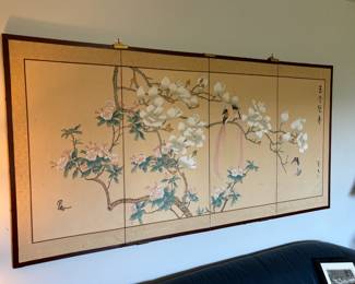 Japanese Style Four Panel Screen Magnolia Tree With Birds