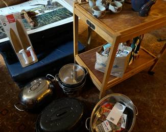 Pots and pans and a cool folding bar cart