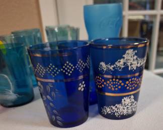 Hand painted cobalt blue glass tumblers