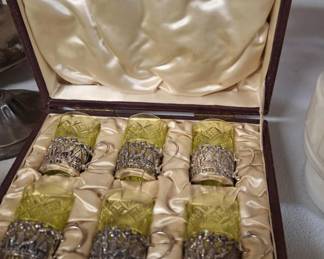 Silver and Uranium glass cordial set