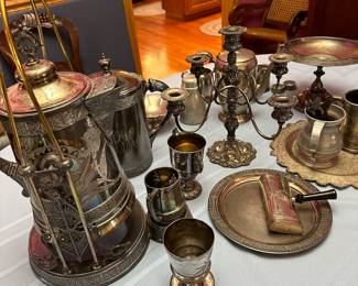 RARE swinging water pitcher and other pieces. Tufts, Roger’s, Pairpoint, Middletown, Kaystone. Double,triple and quadruple plated silver. 