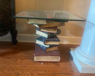 Stacked Book Glass Top End Table