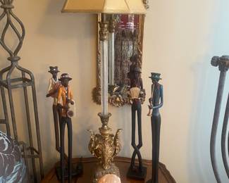 Four African Musicians Tall Skinny Leg Jazz Band Figure Statues, Himalayan Glow Pink Salt Lamp, Tall Lamp