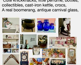 Cute knickknacks, little perfume, bottles, collectibles, cast-iron kettle, crocs, A real boomerang, antique carnival glass,