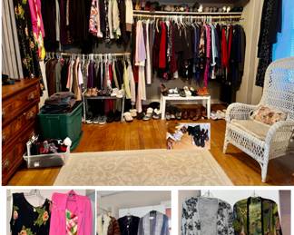 Lots of quality clothes sizes small, medium, Large shoes size 8 +9, shirts $3, Pants $2, dresses $10 coats+ vest $5, shoes $5, t-shirts $2, sweaters
Really nice scarfs $2, pajamas and sweatpants $1