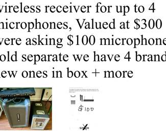 wireless receiver for up to 4 microphones, Valued at $300 were asking $100 microphone sold separate we have 4 brand new ones in box + more
$100
