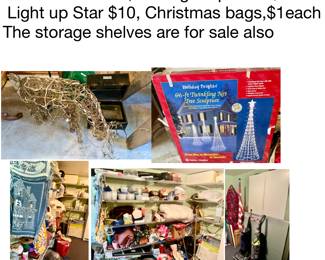 Christmas items, Yard-light up deer $20 Light up Star $10, Christmas bags,$1 each, The storage shelves are for sale also