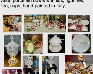 Collectibles antique hand-painted porcelain Vase, porcelain bowls with lids, figurines,tea, cups, hand-painted in Italy,