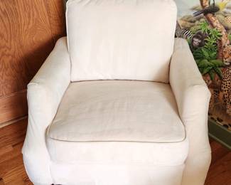 Off white fabric side chair with nailhead side arm. Some staining, see photo.