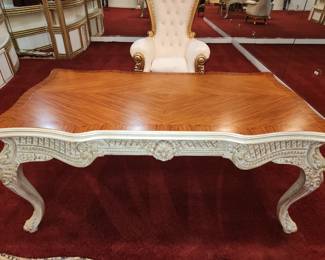 Carved wood writing desk with inlay top