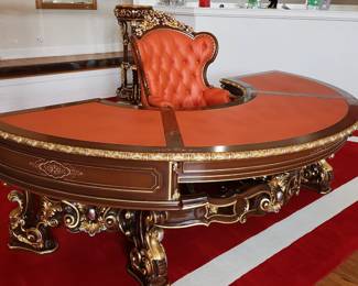 Italian Made Baroque Presidential Demilune Leather Top Desk and Chair : CALL FOR PRICING.