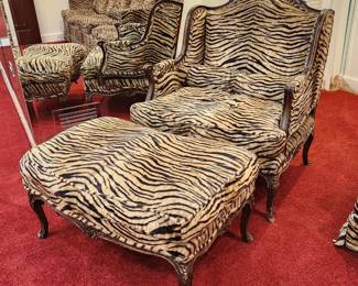 Tiger print fabric oversized easy chair and ottoman