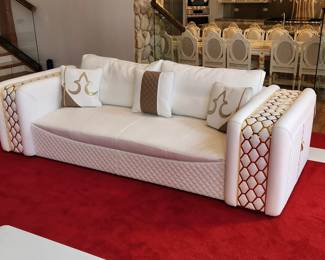 Formenti White Leather 3 Seat Sofa with Gold Accents. Retail tags are still attached.