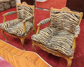 2 Vintage Tiger Print Fabric Easy chairs with wood frame (some stain is peeling on the wood)