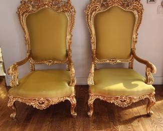Asnaghi Italy Throne Chairs. Carved wood, silk fabrics, gold leaf finish and includes seat cushion.