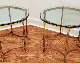 2 hexagon glass and brass accent tables