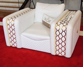 Formenti White Leather with Gold Accents Arm Chair. Retail Tags are still attached.