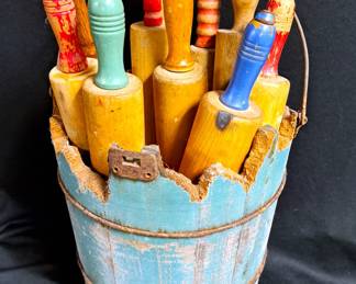 FANTASTIC ANTIQUE WELL BUCKET & ROLLING PIN LOT