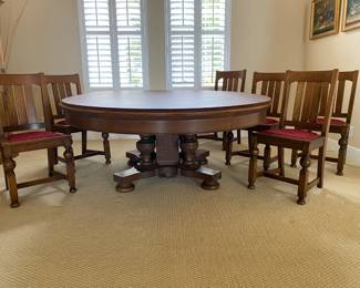 #2 - $1,250 - Antique Oak dining table with unusual pedestal 39x82 with 2 leaves in. includes 5 chairs & 1 armchair. 