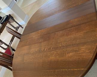 #2 - $1,250 - Antique Oak dining table with unusual pedestal 39x82 with 2 leaves in. includes 5 chairs & 1 armchair. 