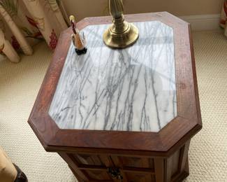 #36 $200 each teak vintage 70’s marble inserted side table cabinet