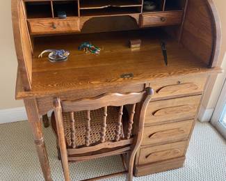 #5- $475 - Antique small roll top desk 37Lx42Tx27D with chair - 