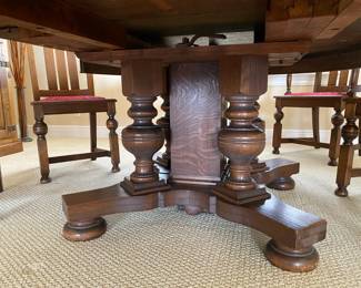 #2 - $1,250 - Antique Oak dining table with unusual pedestal 39x82 with 2 leaves in. includes 5 chairs & 1 armchair. 