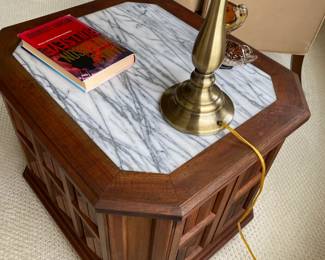 #36 $200 each teak vintage 70’s marble inserted side table cabinet