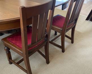#2 - $1,250 - Antique Oak dining table with unusual pedestal 39x82 with 2 leaves in. includes 5 chairs & 1 armchair. 