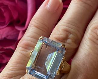 D- $475 - Emerald cut blue topaz on 10kt yellow gold Art Deco setting. 10.4 grams (size 6 3/4)