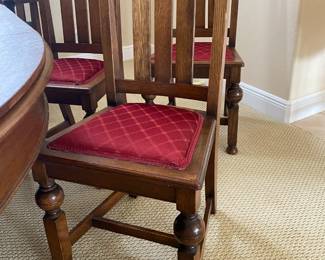 #2 - $1,250 - Antique Oak dining table with unusual pedestal 39x82 with 2 leaves in. includes 5 chairs & 1 armchair. 