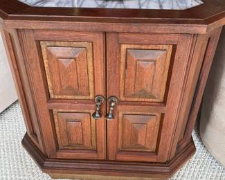 #36 $200 each teak vintage 70’s marble inserted side table cabinet 24w x 29d x 22t (two)