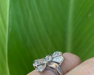 B- $475 Vintage 14kt white gold Bow ring, cluster, mine cut diamonds. 4.1 gr . Size 4 3/4"