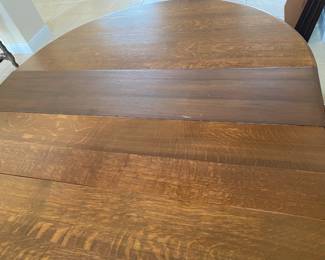 #2 - $1,250 - Antique Oak dining table with unusual pedestal 39x82 with 2 leaves in. includes 5 chairs & 1 armchair. 