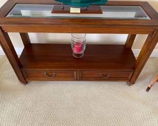 #20 $150 Broyhill console wood and glass 50x18x30