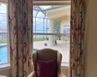 #37 $100 each two tan velvet wing back chairs