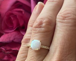 F- $125. Square Opal ring 10kt yellow gold setting 1.3 grams size 6 3/4