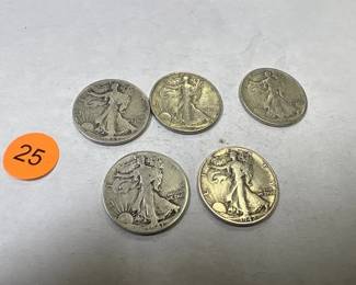  (5) WALKING LIBERTY HALF DOLLARS