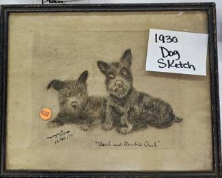 VINTAGE FRAMED DOG SKETCH