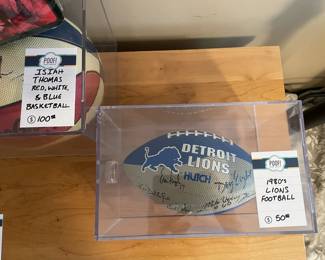 Isiah Thomas Signed Red, White & Blue Basketball, 1980's Lion's Football