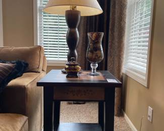 Decorative Potpourri Box with Lid, Wood Base Lamp with Paper Shade (B), Mosaic Glass Candle Holder, Arhaus End Table