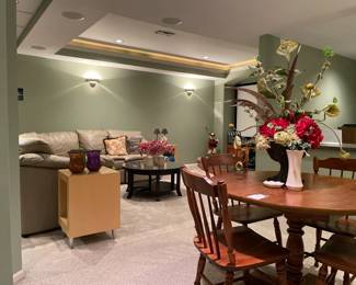 Leather Recliner Sectional, Contemporary Side Tables, Moosehead Dining Set, Decorative pillows