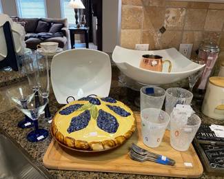 Ceramic Blueberry Pie Dish, Wood Cutting Board, Sheffield Pastry Forks, Murano Style Millefiori Glass Pair