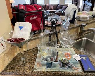 Large Martini Glass, Spalding Studio Art Pottery Tile, Wine Bottle Stopper,  Wine Bottle Holder, Lalique Diamante Champagne Flute Pair

