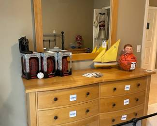 Crate & Barrel Dresser,  Crate & Barrel Mirror, Clay Art MAD Cookie Jar, Don Shula Signed Footballs, 1990's Pistons Team Signed Basketball
