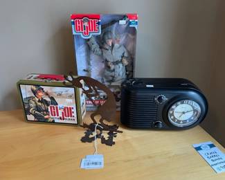 Crate & Barrel Nightstands, GI Joe 1997 Lunchbox, NIB GI Joe 2000 Defense of Seoul, Kokopelli Rijline Cutout, Westclox Big Ben Radio 80192
