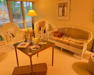 Cushioned wicker sofa, wicker rocking chairs