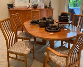 Adjustable Dining Table, Set of 6 Schou Anderson Denmark Chairs