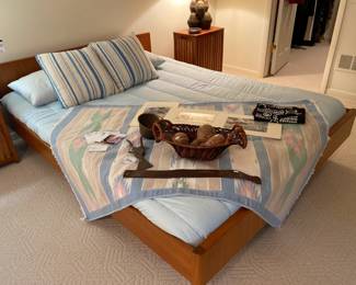 Floating Teak Queen Size Bed, Queen Size Mattress
 Queen Size Bedspread,  Decorative Pillows
