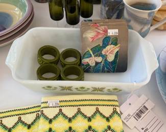Anchor Hocking Meadow Green Dish, Hand Stitched Dish Towels